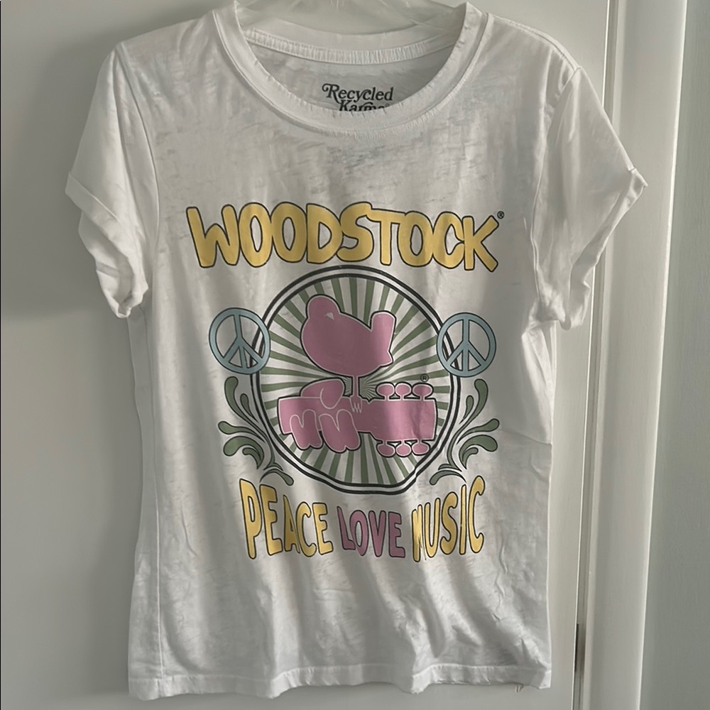 Recycled Karma White Woodstock Tee with Pink and Yellow Design